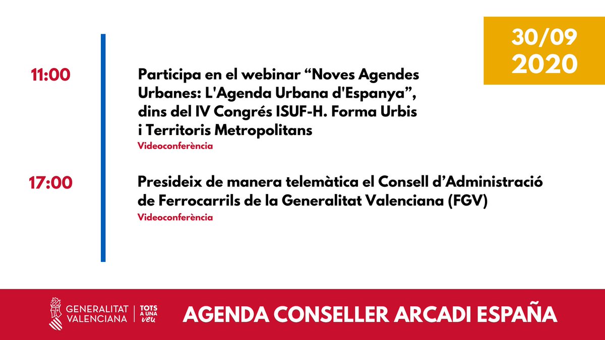 GVAMediAmbient's tweet photo. 🗓 Agenda @ArcadiSD 30/09:
💻 Webinar: “Noves Agendes Urbanes: L'Agenda Urbana d'Espanya”. IV Congrés @isuf_h
🚇 Consell d’Administració de @GVAfgv https://t.co/faXvg0dlzR