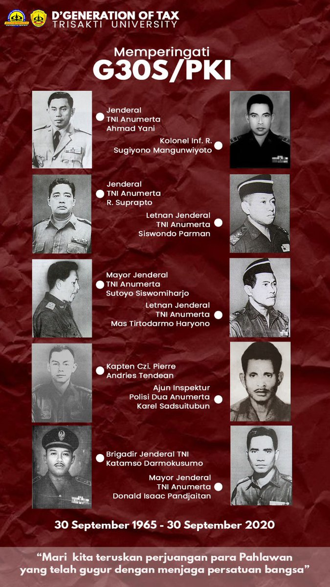 Mari sejenak mengenang tragedi G30SPKI. Peristiwa kejam, keji yang menewaskan 10 Jendral dan perwira.

Jangan biarkan Kejadian kelam yang sama terulang kembali, karena kelalaian kita dalam menjaga pemikiran rakyat indonesia.

Mari bangkit bersama !! #g30spki