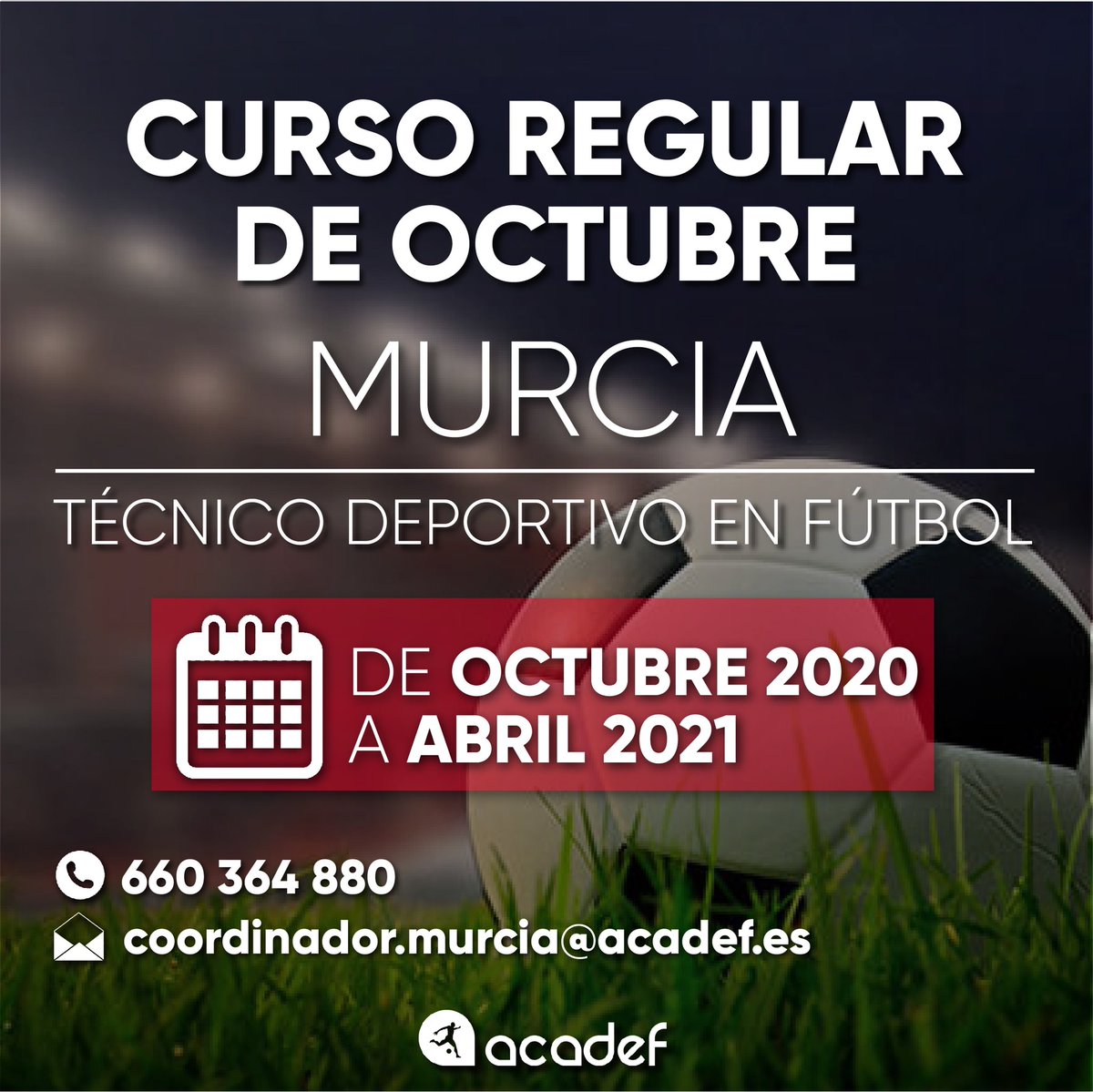 🚨 ATENCIÓN CURSO DE ENTRENADOR DE FÚTBOL🚨

🗒️ NIVEL 1, 2 y 3

📝 ABIERTO EL PLAZO DE INSCRIPCIÓN EN LOS CURSOS 20-21

💶APROVECHA NUESTROS DESCUENTOS

LLÁMANOS 📞 625 16 26 39 📞660 364 880

ℹ️ coordinador.murcia@acadef.es