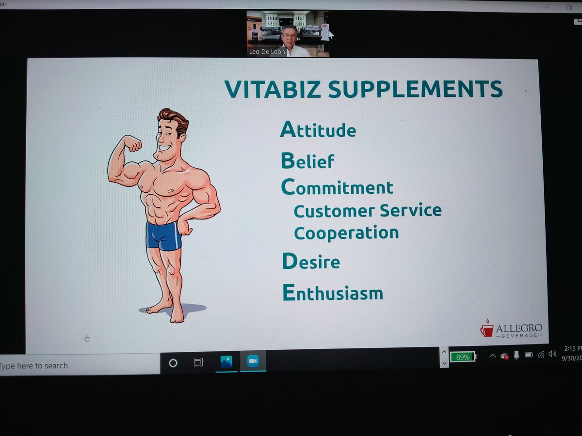 iamdiman's tweet photo. Mr. Leo De Leon, CEO of Allegro Beverage discussing what are the much needed vitabiz supplements (vitamins for your biz) especially during this trying times.

Attitude
Belief
Commitment, customer service, cooperation
Desire 
Enthusiasm

#AFEXWebinar2020 #allegrobeverage https://t.co/x9oGm8sxLH