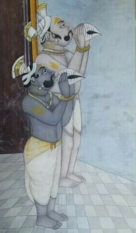 swativashishtha's tweet photo. Devotees blowing #conchshells at Nandlal ki Haveli #Nathdwara #Rajasthan
Detail of a #Pichwai from artist Parmanand S Sharma's collection. https://t.co/q4Jbhu8778
