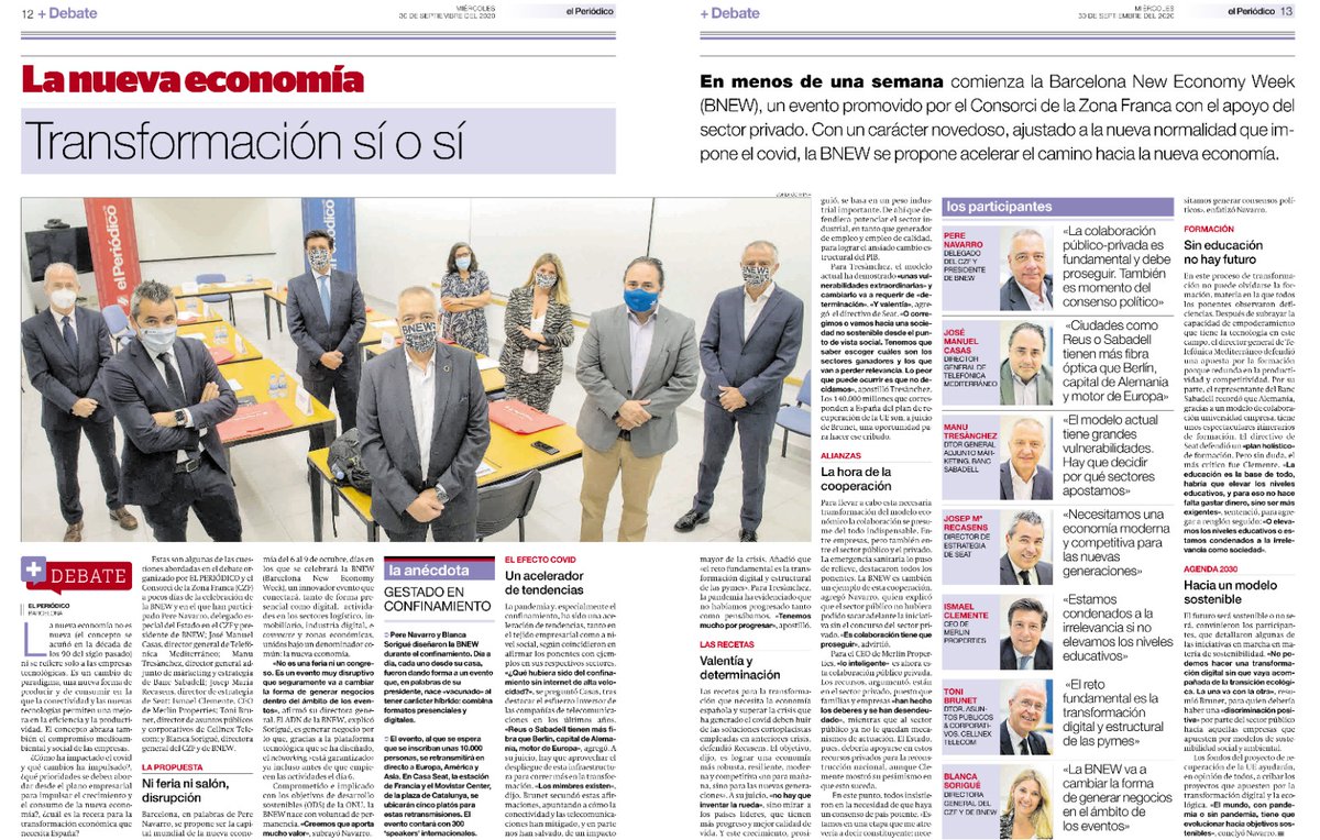 'Transformación si o sí'
En menos de una semana comienza la Barcelona New Economy Week (@BnewWeek). Con un carácter novedoso, ajustado a la #NuevaNormalidad, la #BNEW se propone acelerar el camino hacia la nueva economía
https://t.co/pESc11TG2t vía @elperiodico
#EstarDondeEstés https://t.co/LjdcYt0u0w