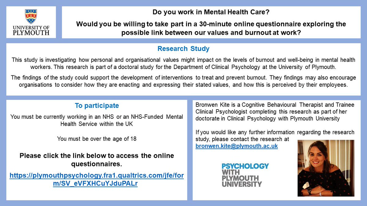 Do you work in mental health care? 
Do you have about 30 mins?
Are you interested in burnout in mental health care worker?
This study needs participants for a research study exploring the link between burnout, well being and burnout in mental health workers

#dclinpsy #psychology