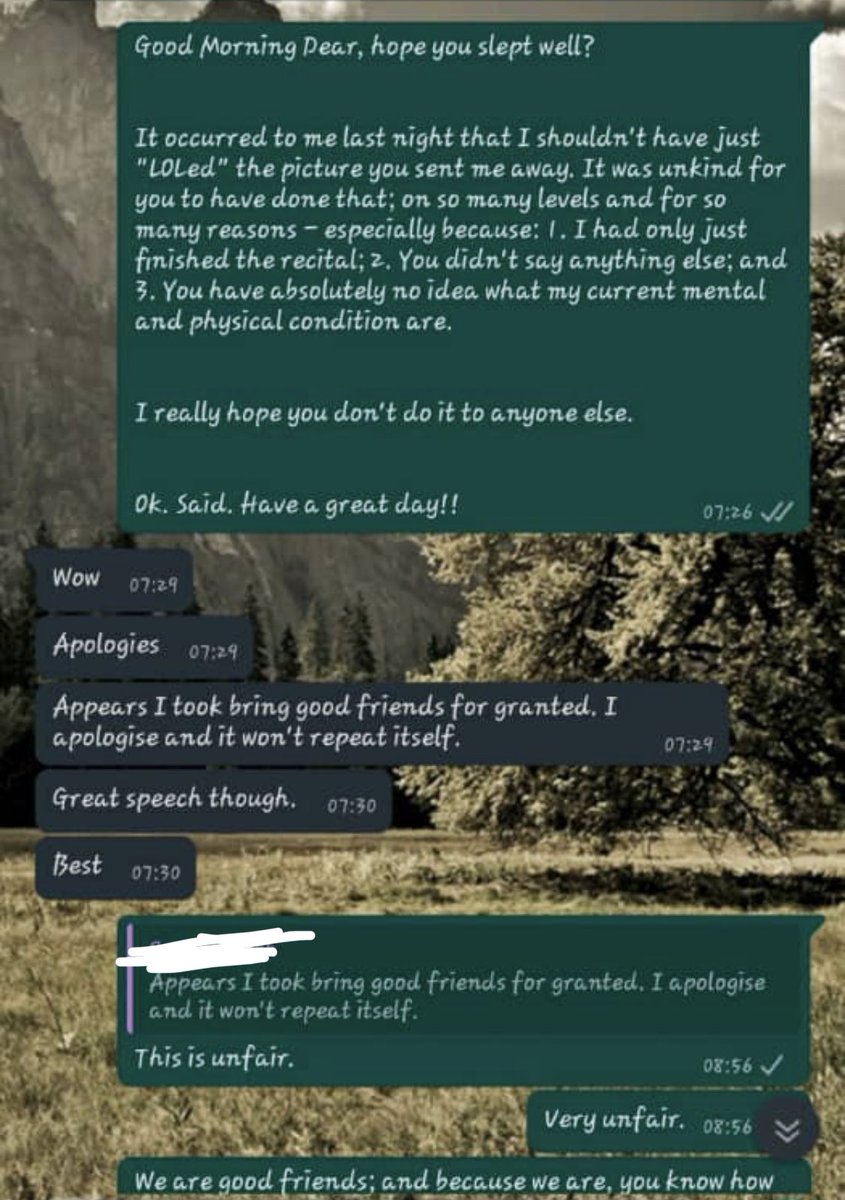 I woke up unhappy with myself. I should not have LOLed it away; what he did was at best unkind. So, I mustered the courage to send him a message and did so. I'd just send you a screen shot of our exchange, instead of reproducing here.