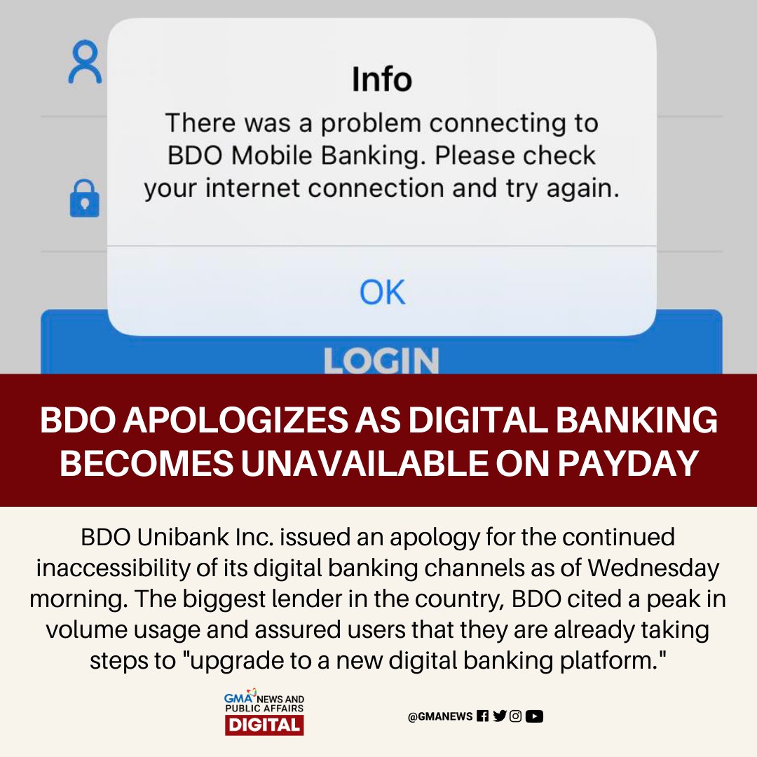 gmanews's tweet photo. Humingi ang BDO ng paumanhin at pag-unawa dahil sa patuloy na pagkawala ng online banking services nila para sa maraming tao ngayong Miyerkoles. https://t.co/fVZPubdWTe