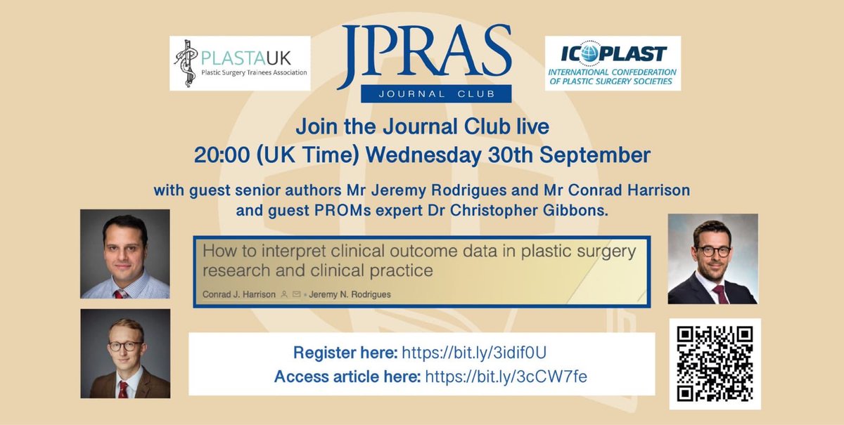 JPRASurg's tweet photo. Register for the #JPRASJournalClub
🚨 Today 🚨
30th September
•2pm in Texas
•8pm in UK
•9pm in Netherlands.
Register here:
https://t.co/f6NNjlnLAL https://t.co/PJDTYpFMDC