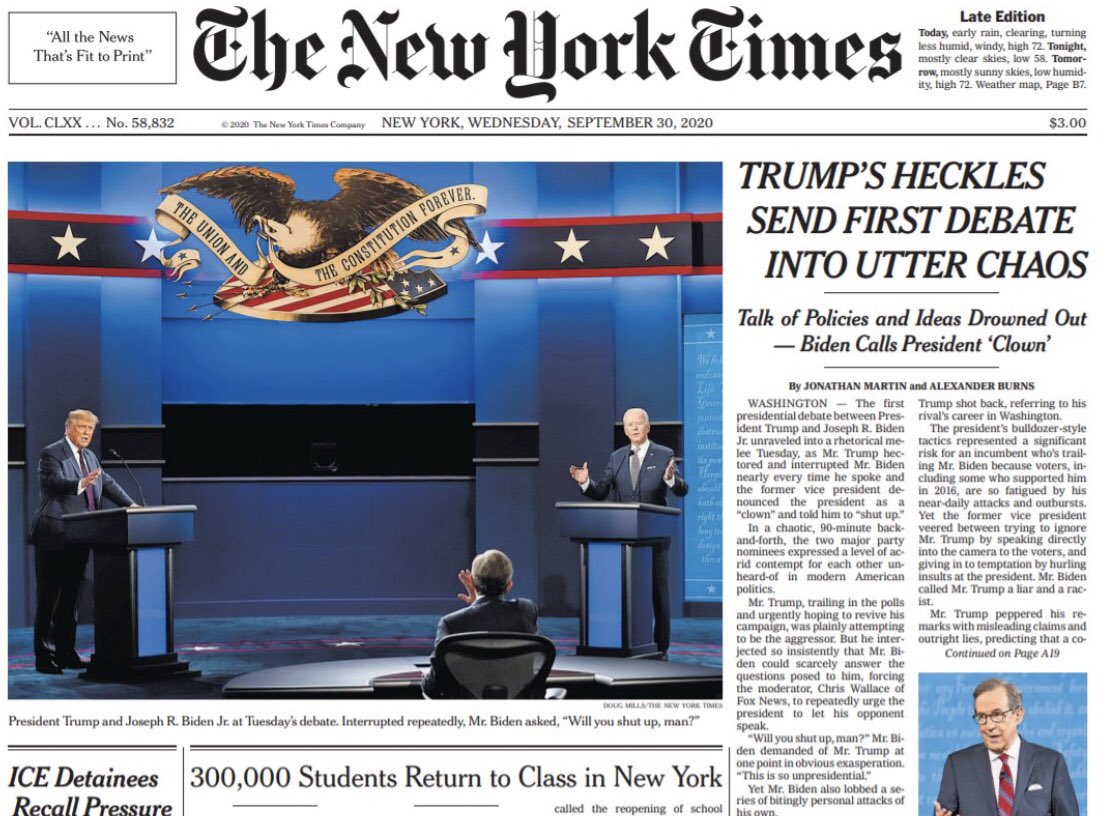 Michael Beschloss On Twitter Trump S Heckles Send First Debate Into Utter Chaos New York Times Front Page Today