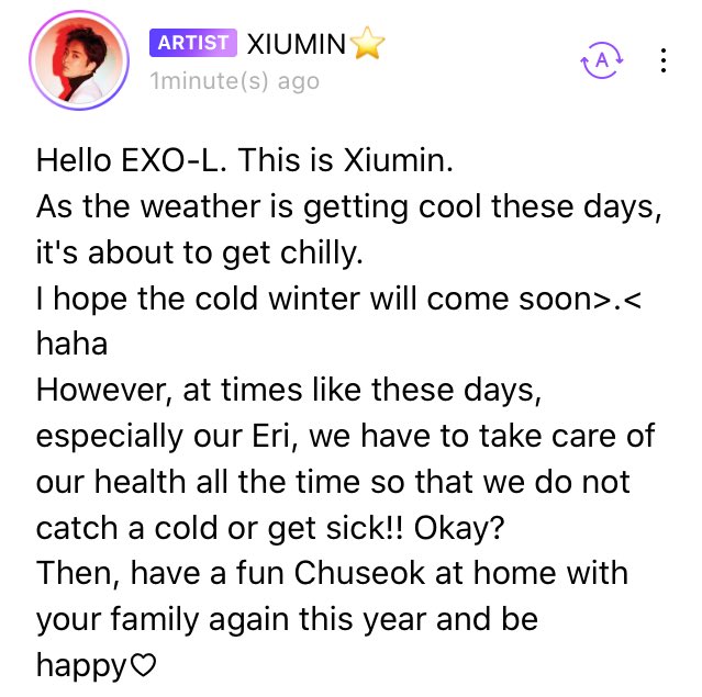 CHANSOOperior's tweet photo. KIM MINSEOK CHUSEOK MESSAGE 😭😭😭😭😭

#EXO @weareoneEXO #XIUMIN https://t.co/IOfxBvIFJ6