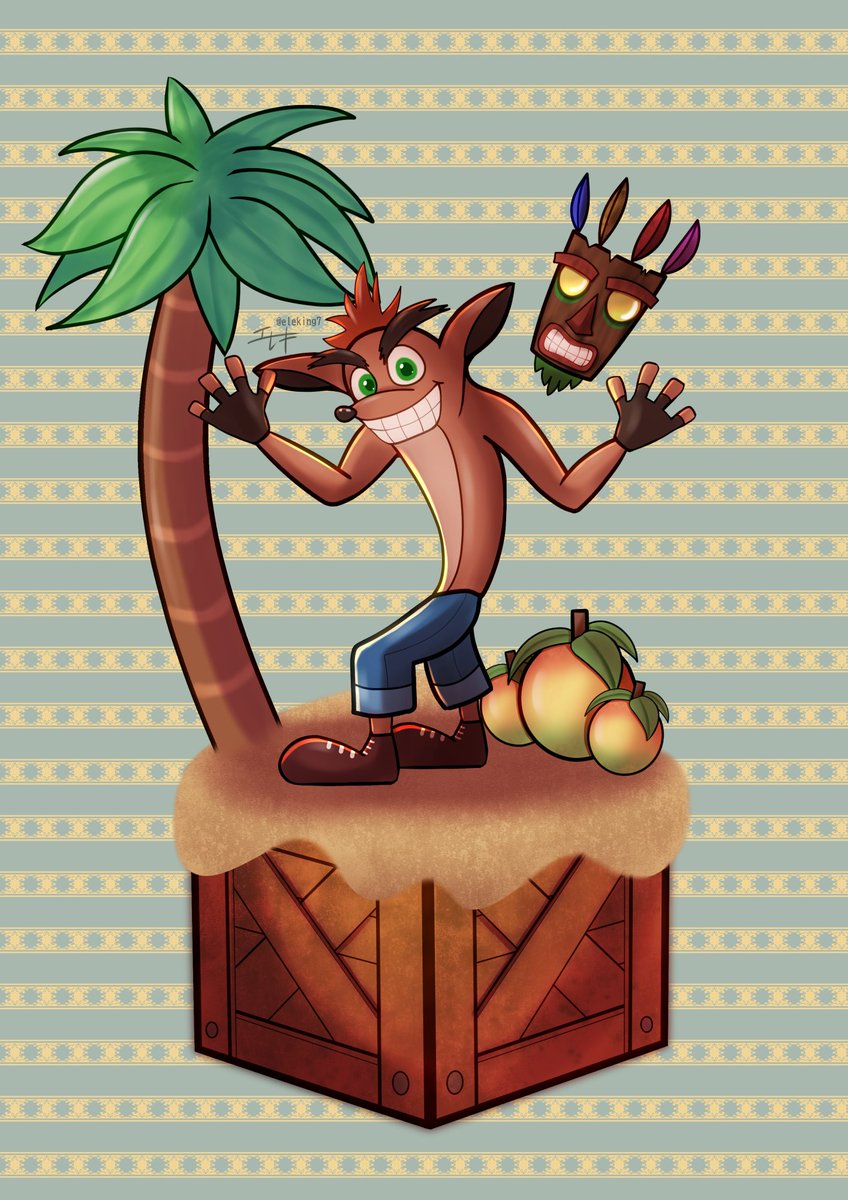 エレキ 第14回お題 ヴィネット お題絵初参加です クラッシュバンディクーシリーズから主人公の クラッシュ バンディクーとお助けキャラのアクアクです 子供の頃よく遊んでました 初代の難易度が一番むずかしい気がします 10月2日に新作が発売され