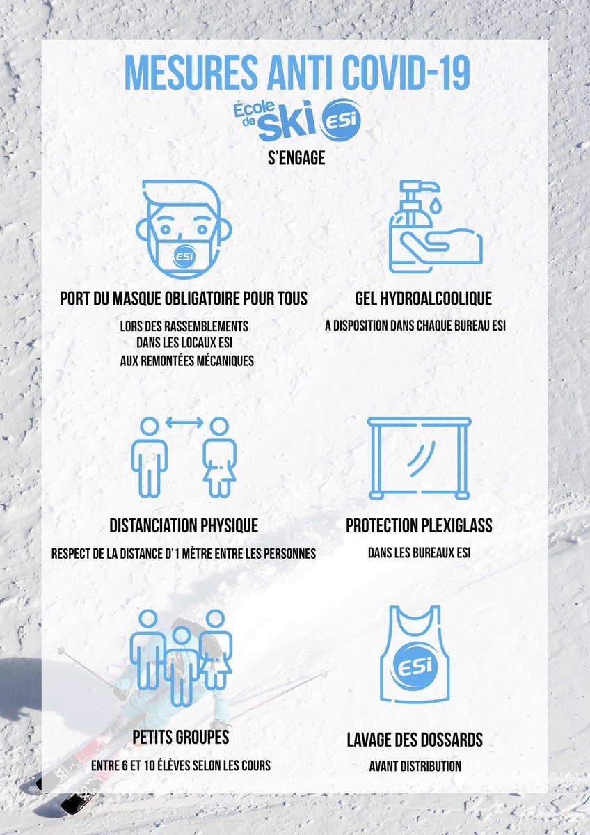 ESIski's tweet photo. Découvrez nos mesures anti-Covid19 pour vous accueillir en toute sécurité cet hiver : Nombre d'élèves limités par cours, port du masque, distanciation sociale  et lavage des dossards ! ES-inarrêtable.  #esiski 
https://t.co/oHYVzMPYQW https://t.co/0Sd7PDhNIn