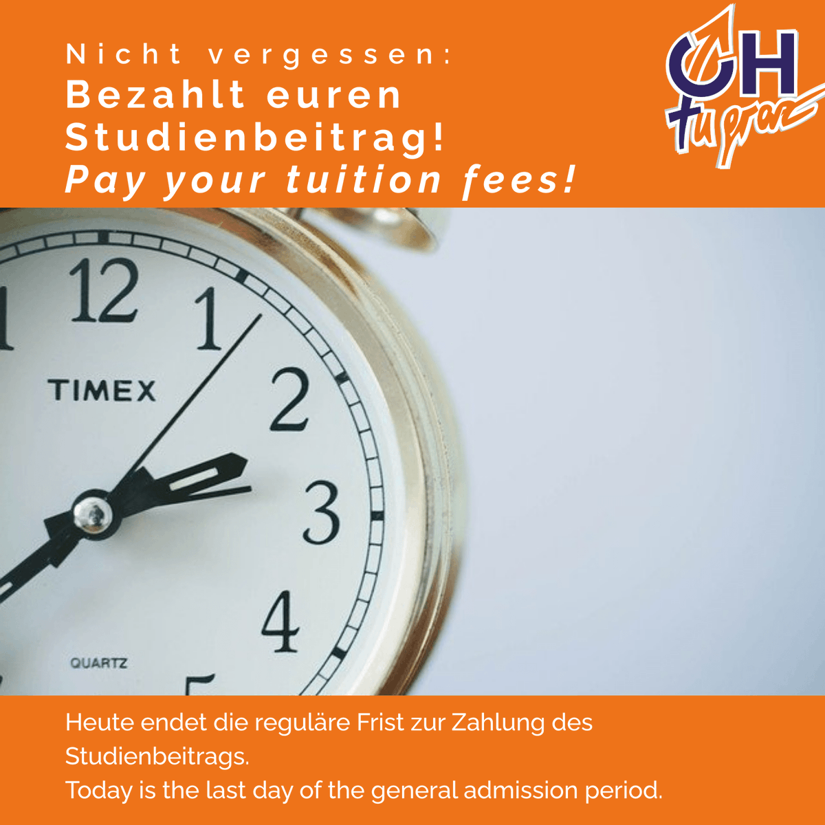 HTUGraz's tweet image. Nicht vergessen: Heute ist der letzte Tag der regulären Frist zur Zahlung des Studienbeitrages! 
Do not forget to pay your tuition fees! Today is the last day of the general admission period.