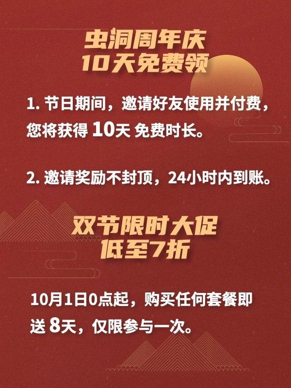 wormhole_vpn's tweet photo. 虫洞周年庆，10天免费领。
1、节日期间邀请好友使用并首次付费后，您将获得10天免费时长，
2、邀请奖励不封顶，24小时内到账。
双节限时大促、低至7折
10月1日0点起，购买任何套餐即送8天，仅限参与一次。 https://t.co/rTuiZoFVi1