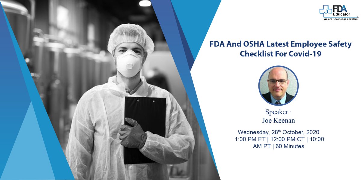 Pioneereducator's tweet photo. #FDA @JoeKeenan #Pharma #OSHA #Latest #employee #safety #covid19 #Webinar #fdaeducator
Join a webinar:- "FDA And OSHA Latest Employee Safety Checklist For Covid-19"
Date:- Oct 28, 2020
Register Now :- https://t.co/bEKyorVQ2X https://t.co/wkltlNPxgD