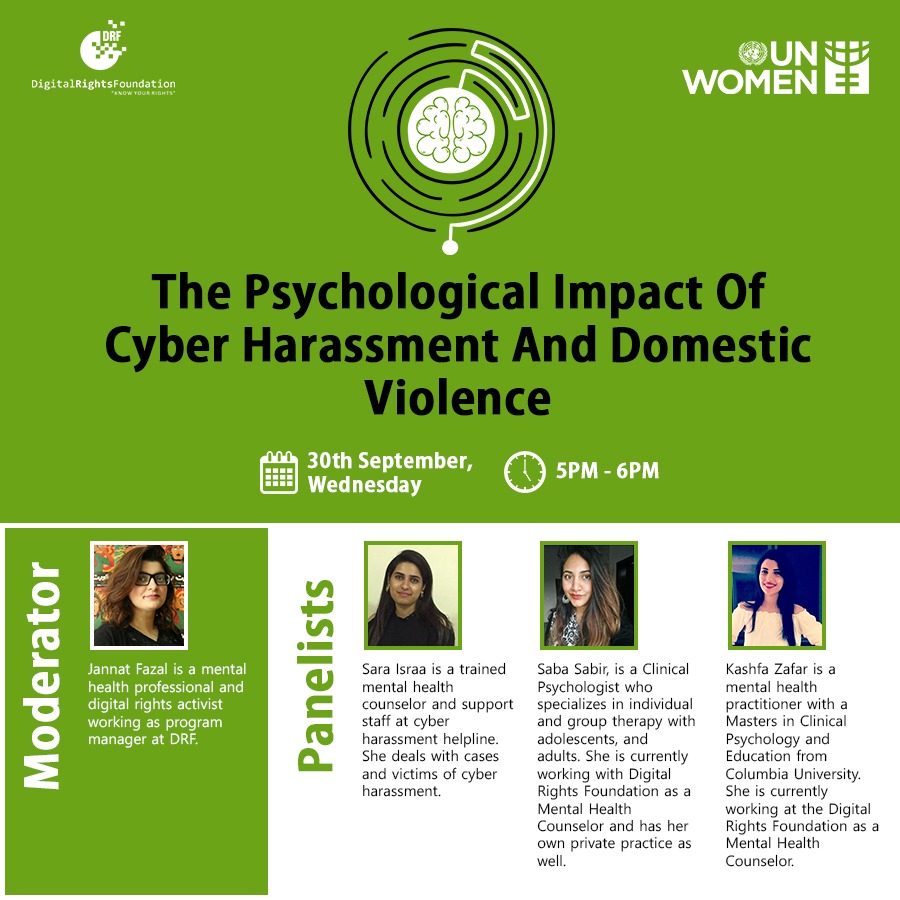 DigitalRightsPK's tweet photo. REMINDER!
We'll be going live today at 5 PM on our Facebook page ( https://t.co/Q0211mrEtA )
Join us and take part in this very important and relevant conversation on mental health with regards to violence and harassment.
@unwomen_pak #MehfoozInternet #HamaraInternet https://t.co/HMl5tiSBWv