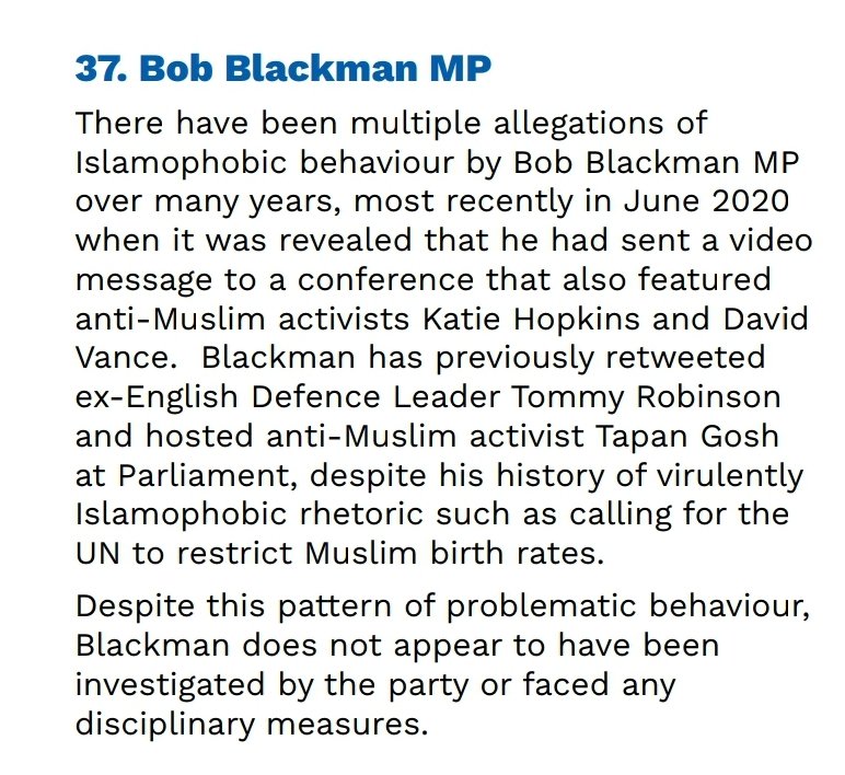 The  @hopenothate dossier compiles 40 examples of cases where prejudiced & discriminatory actions by Conservative Party officials, activists and members have resulted in either short term suspensions or no action at all.These include 2 sitting MPs Bob Blackman & Sally-Ann Hart