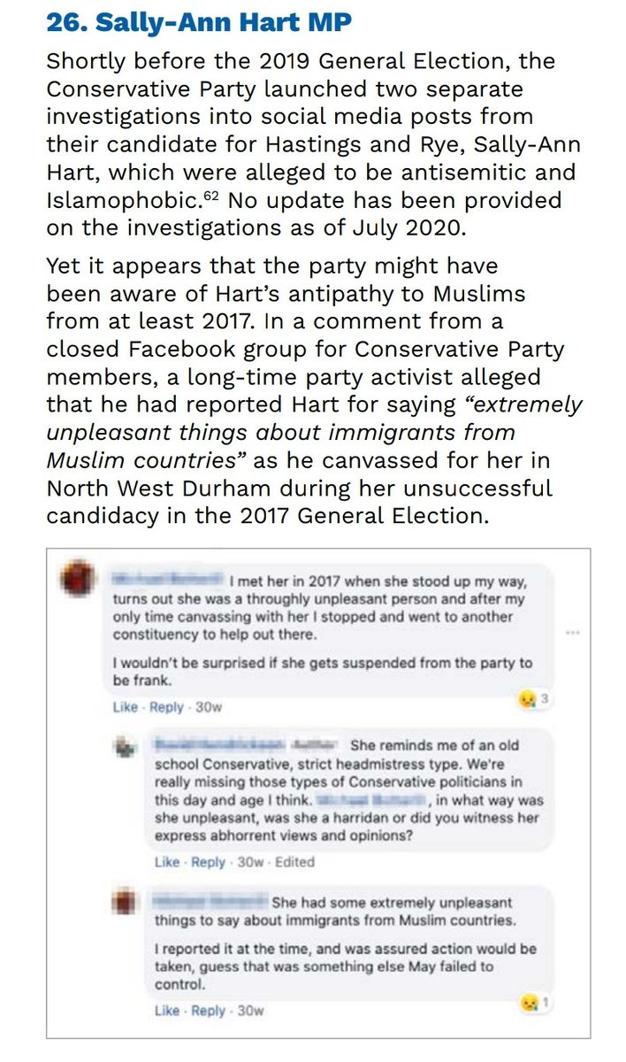 The  @hopenothate dossier compiles 40 examples of cases where prejudiced & discriminatory actions by Conservative Party officials, activists and members have resulted in either short term suspensions or no action at all.These include 2 sitting MPs Bob Blackman & Sally-Ann Hart
