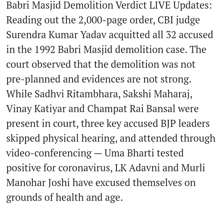 S_Arjun_'s tweet photo. "The court observed that the demolition was not pre-planned and evidences are not strong."

I'm glad they didn't say the masjid was destroyed by strong wind.

@PMOIndia @BBCBreaking @ndtv @mathrubhumi @manoramanews @realDonaldTrump @UN @INCIndia @CMOKerala @ShashiTharoor https://t.co/2sK2rEUk3K