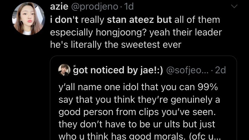 “i don’t stan ateez but seonghwa & hongjoong from ateez. idk i just get very genuine & loving vibes from them”