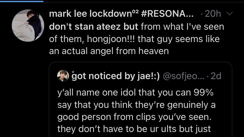 “i don’t stan ateez but seonghwa & hongjoong from ateez. idk i just get very genuine & loving vibes from them”