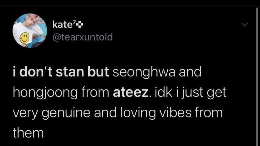 “i don’t stan ateez but seonghwa & hongjoong from ateez. idk i just get very genuine & loving vibes from them”