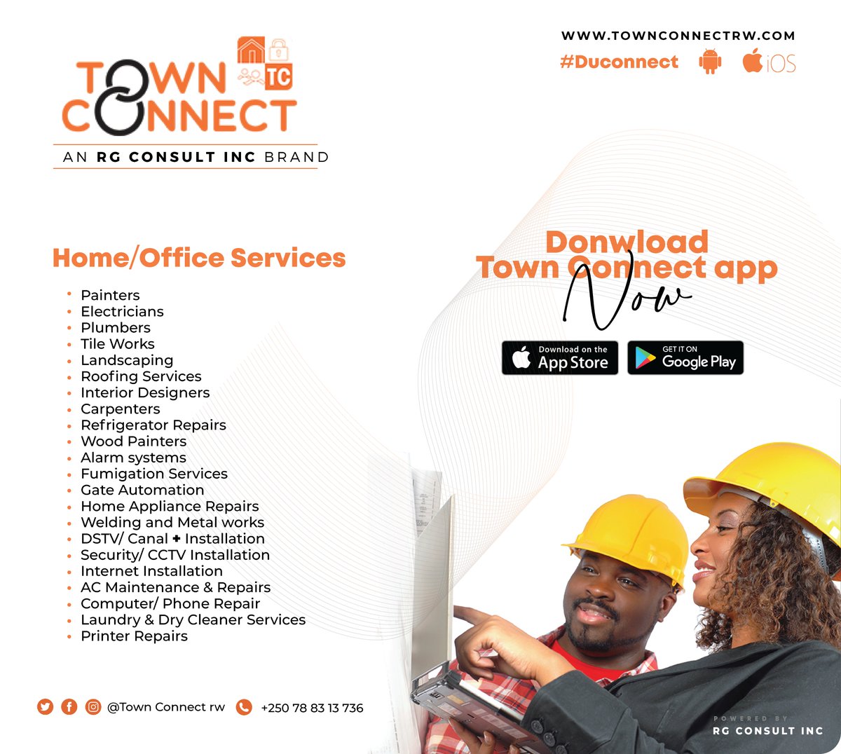 townconnectrw's tweet photo. #RwOT Download the Town Connect App NOW on google play store and aApple Play Store
https://t.co/IWO8rAe0j3
and find professional skilled personnel to fix your stuff at your Office, Home or Institute.
#Duconnect
#TownConnectRwanda https://t.co/9d4EBoFi4g