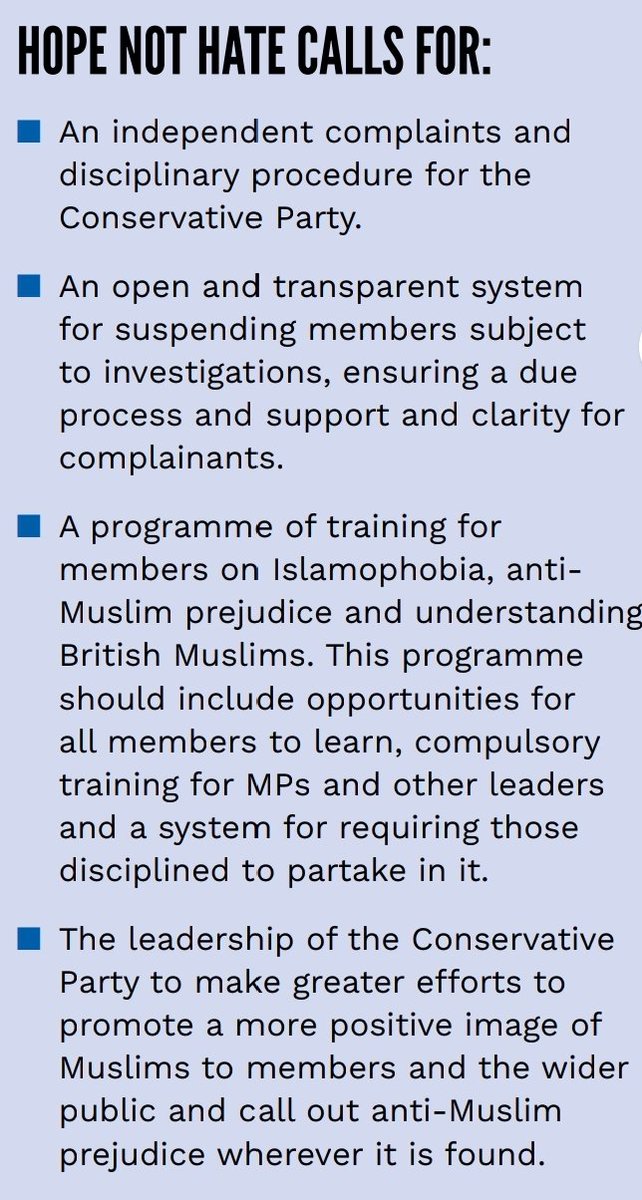 The recommendations by  @hopenothate to deal with the embedded culture of Islamophobia in the Party, are:1. An overhaul of the complaints system2. Training programme on Islamophobia3. Greater efforts by leadership to call out Islamophobia & promote positive image of Muslims