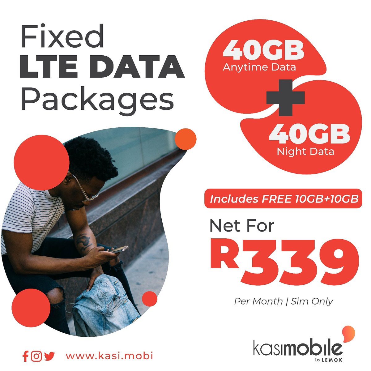 Pusha hustle with the Kasi Mobile 40GB + 40GB data package for only R339 per month &amp; get FREE extra 10+10GB. 

No contracts. All our packages are month to month. 

Buy your sim card online - kasi.mobi/powered-by-tel… OR call our support team on 012 012 5698

#KeDilo