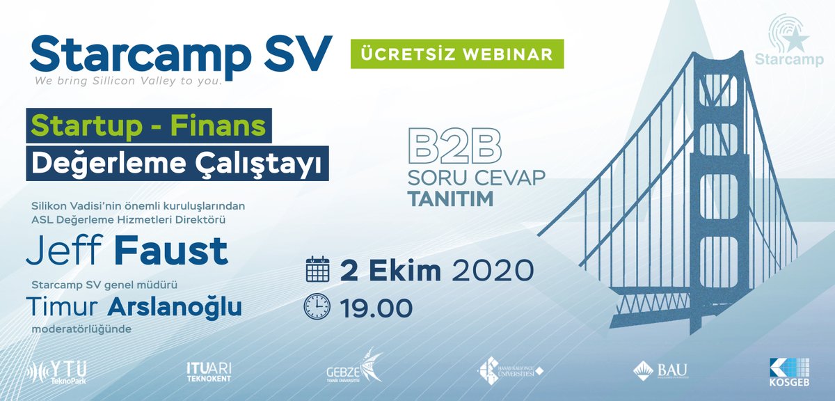 yildizteknopark's tweet photo. Türkiye’nin ABD’deki Uluslararası Kuluçka Merkezi StarcampSV’den Türk teknoloji firmalarına yönelik 'Startup - Finans Değerleme' çalıştayı düzenlenecektir.

🎙️Jeff Faust - ASL Değerleme Hizmet Direktörü

🗓️ 2 Ekim Cuma

⏰ 19:00

✏️ https://t.co/GJfnqMW74E

@StarcampSV https://t.co/MnpvgPaMgg