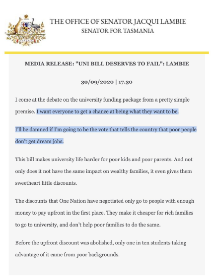 Big news from Tasmania with Jacqui Lambie stating she will vote against the Morrison government's university funding cuts. The government needs 3 of 5 cross-benchers to get it through