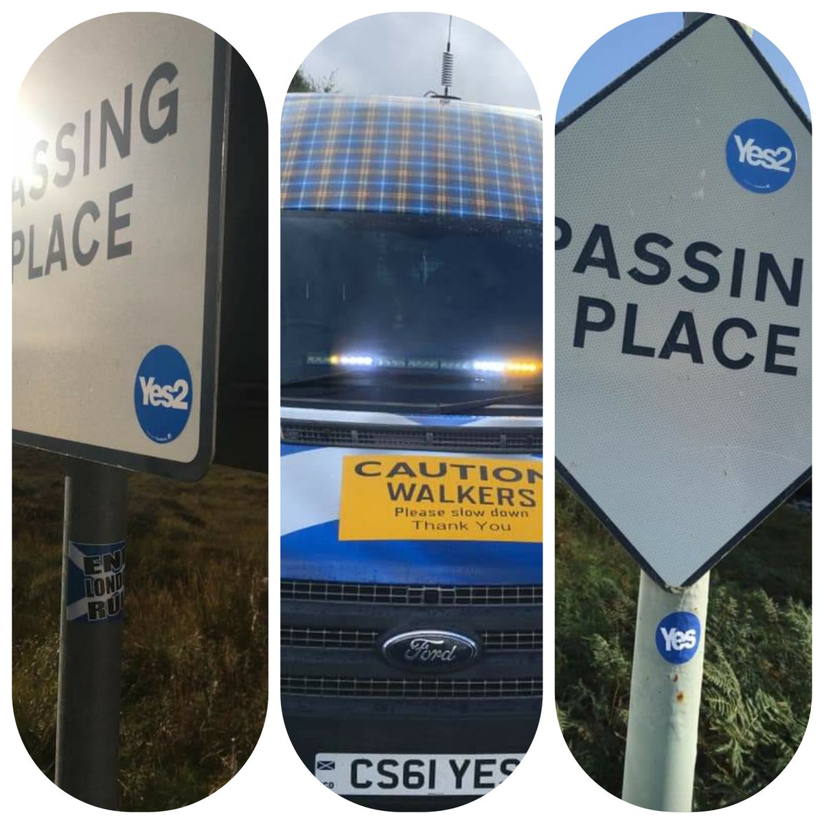 19. Day 13 of the "Long Walk To Freedom" and karma calls. 100% heavy rain and wind welcomes the walkers and their campaign to sticker the Highlands with Yes2 and End London Rule. Stay in the vans guys.  #vandals4indy