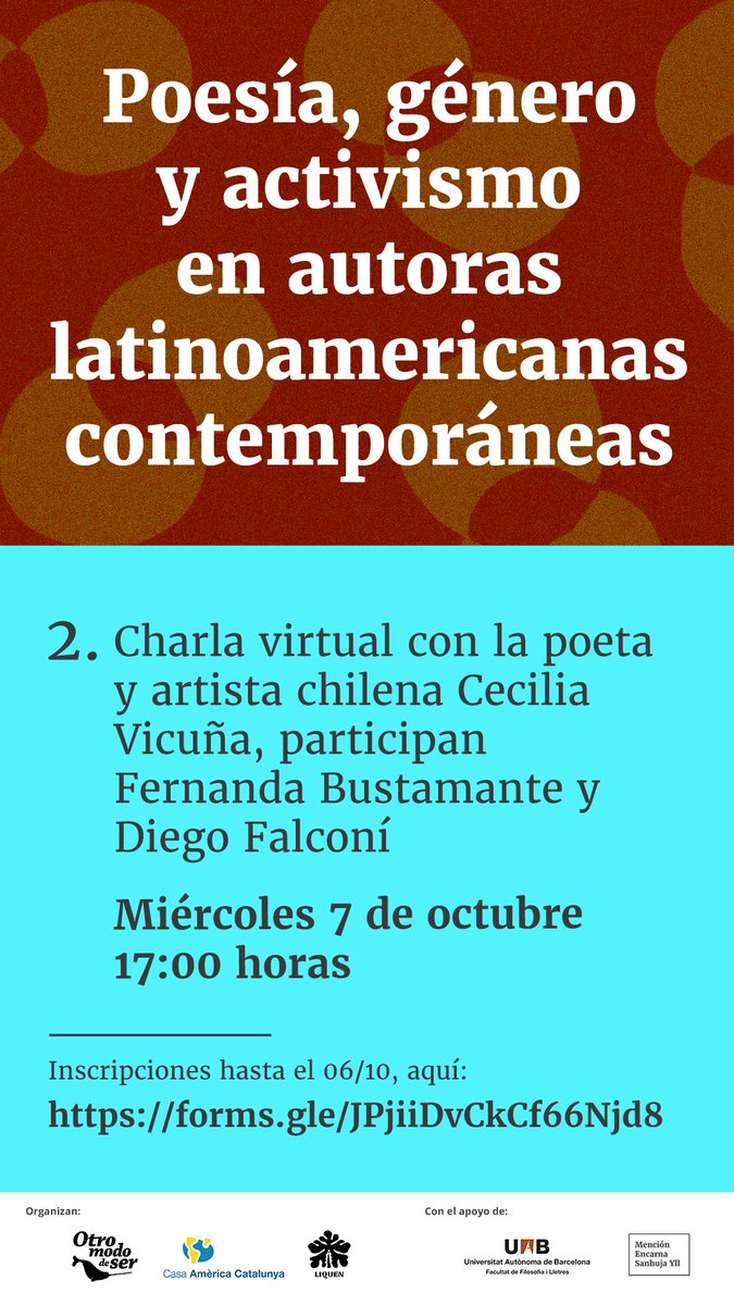 En el segundo día del ciclo Poesía, género y activismo en autoras latinoamericanas contemporáneas tendremos la charla virtual con la poeta chilena Cecilia Vicuña. 
Inscripciones hasta el 06/10. 
Más información en nuestra página web otromododeser.es/actividades/