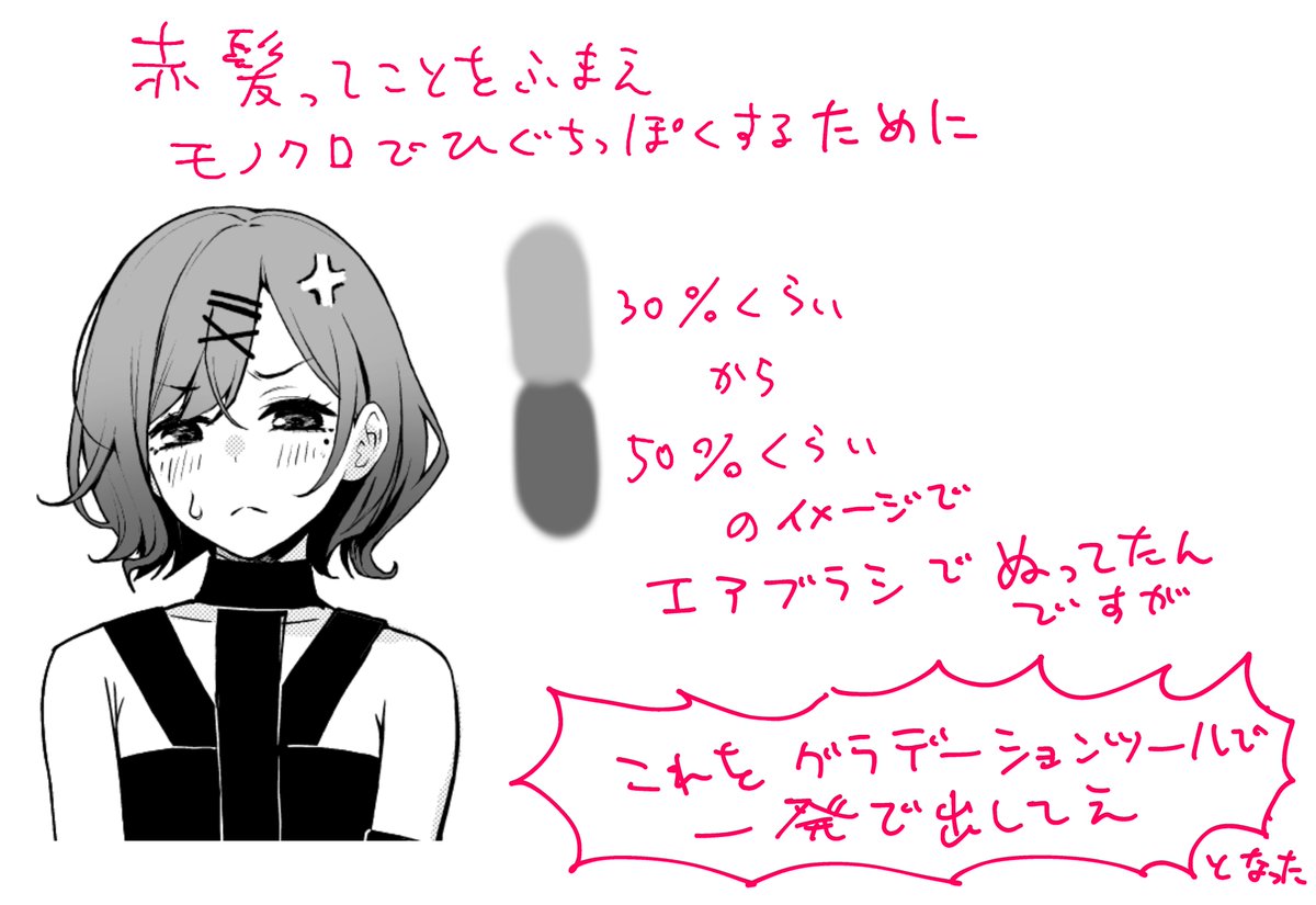 今週たくさん樋口描いてるうちにとうとう「樋口の髪の毛専用グラデーションツール(モノクロ版)」作ったので作り方置いときます 