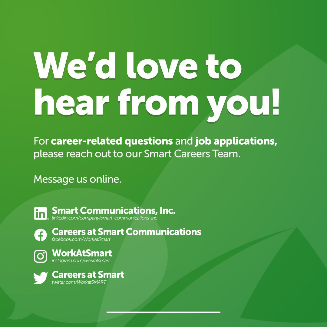 WorkatSMART's tweet image. Anything on your mind? We&apos;d love to hear from you! Reach out to us through any of our official career accounts. #WorkAtSmart #SmartCareers