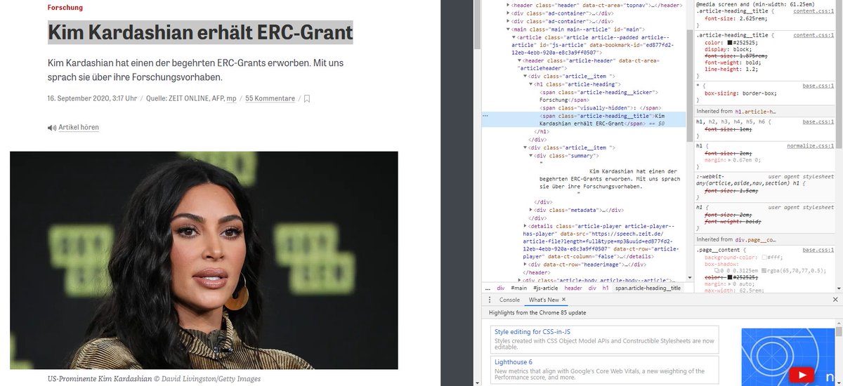 Here is an example for an online news site. You simply select the part you want to edit, right-click, select “Inspect” and start the fun. Disclaimer: AFAIK, Kim Kardashian did not actually receive an ERC grant. Bummer. (4/6)