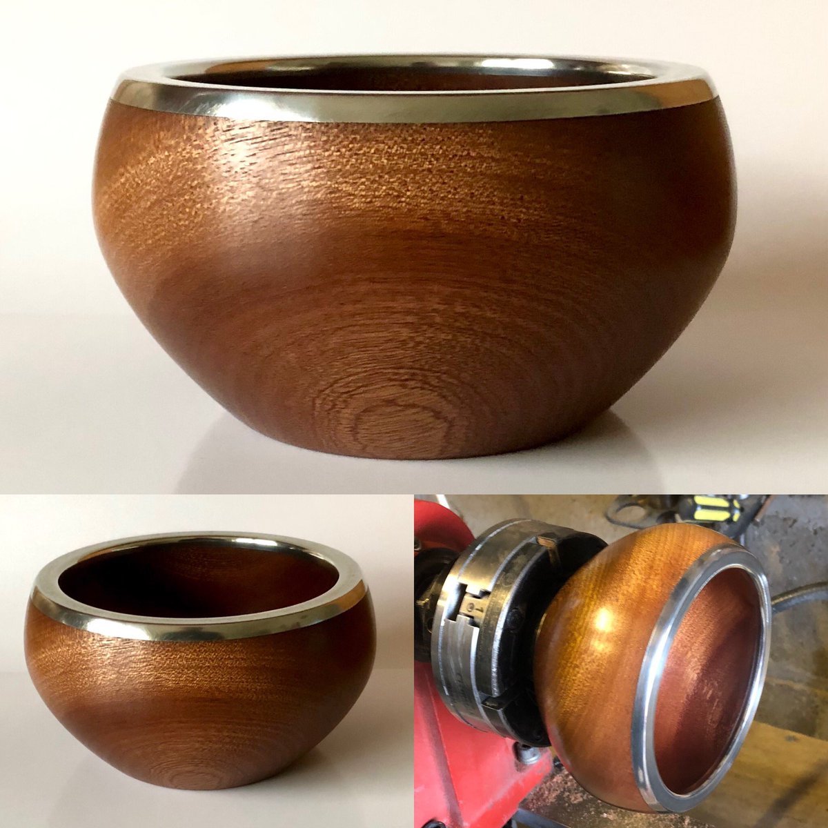 aboutthegrain's tweet photo. At last! After 3 frustrating months of not being able to turn anything... an experiment I have been meaning to try - a sapele bowl with pewter rim. 
Inspired by the works of George Foweraker, Andy Coates &amp; Paul Hannaby. https://t.co/f4Vxmo1bWn