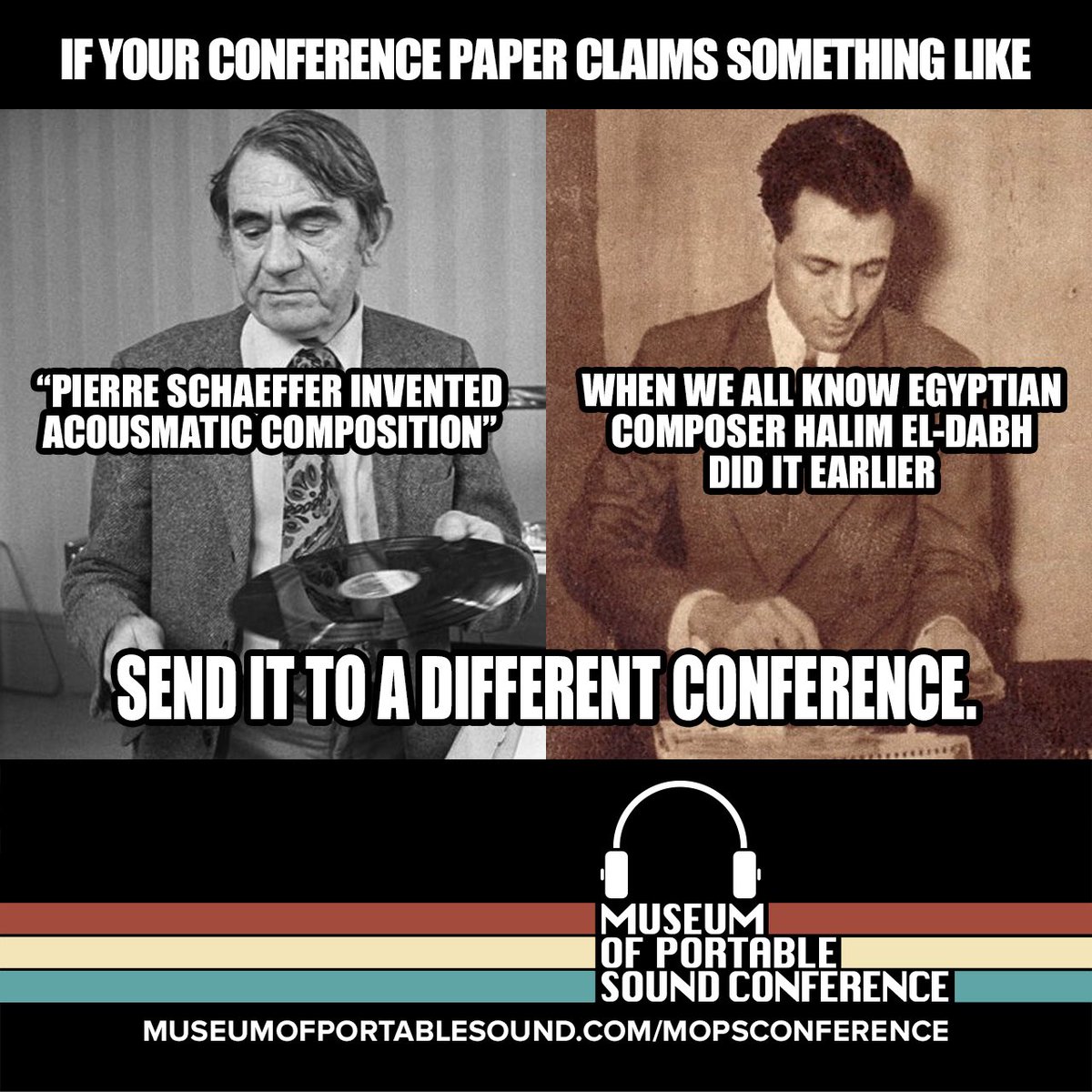 museumsound's tweet photo. The Museum of Portable Sound Conference. Let's talk about something new for a change.
Abstracts due 1 November, info at https://t.co/UJqHEUdFjv!
#soundstudies #conferences #HalimElDabh #Egypt #wirerecording #smashthebox #CallforPapers #acousmatic https://t.co/FyPduWMwLO