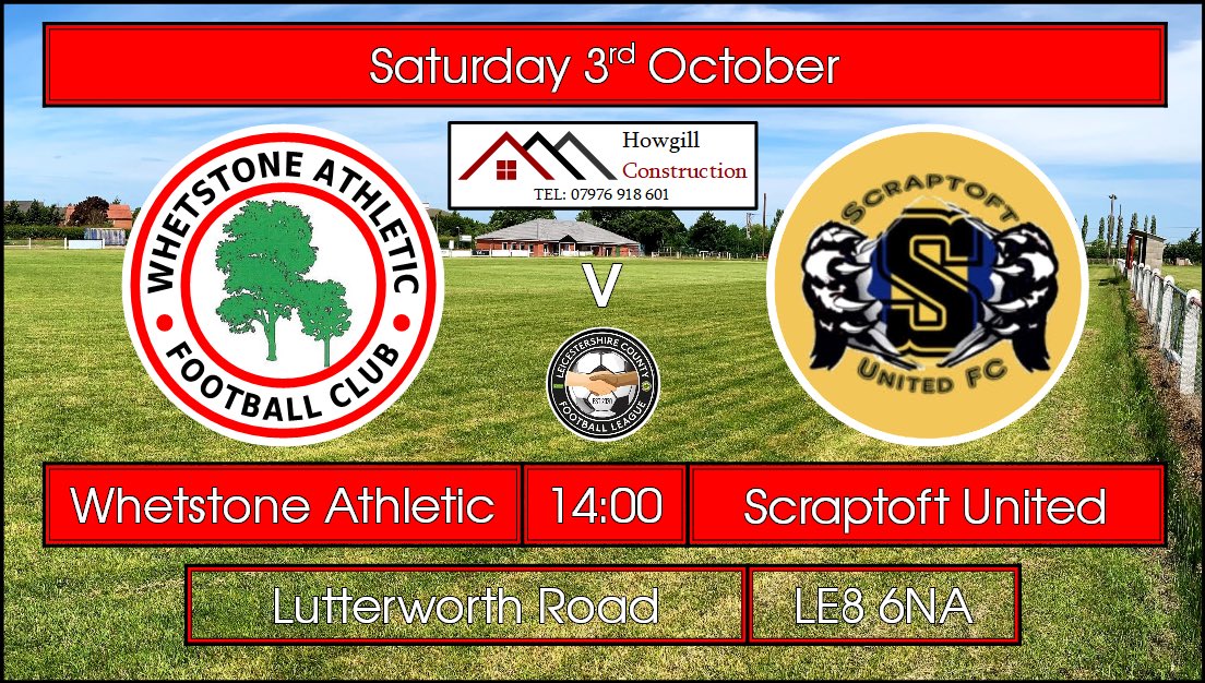 Next up...

🆚 Scraptoft United 

🏆<a href="/LeicsCFL/">LCFL Sponsored by Uptonsteel</a> Prem

🗓 Saturday 3rd October

🕑 2pm kick off

📍 Lutterworth Road | LE8 6NA