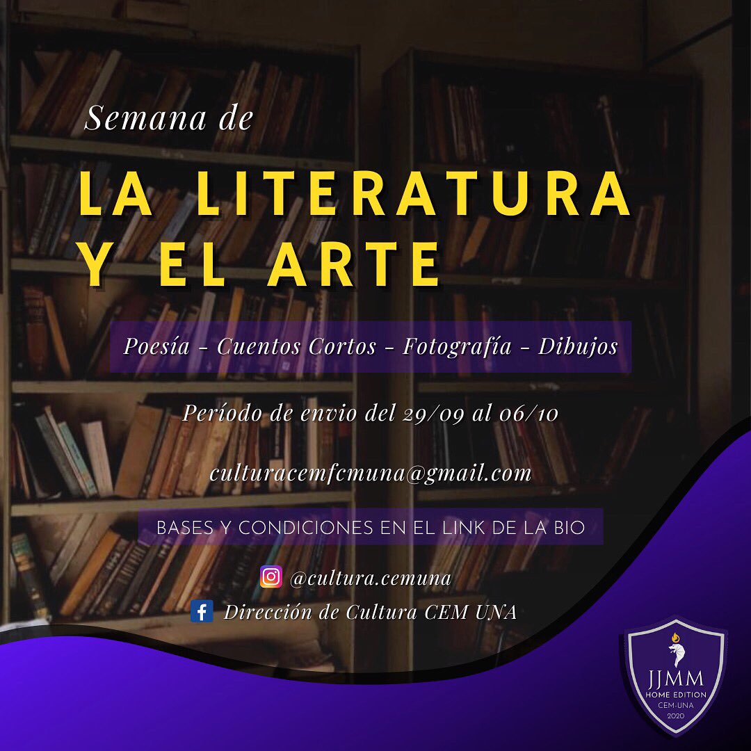 ⚠️ SEMANA DE LA LITERATURA Y EL ARTE 📜🖼 

🔰TEMAS
- Cuentos y poesía: Resiliencia/Libertad
- Fotografía: “La nueva normalidad”
- Dibujo: “Libre”

🔰 Bases y condiciones: linktr.ee/Culturalcemuna

🕰 Límite de tiempo: 06/10 

#CEMUNA #JJMM #HomeEdition