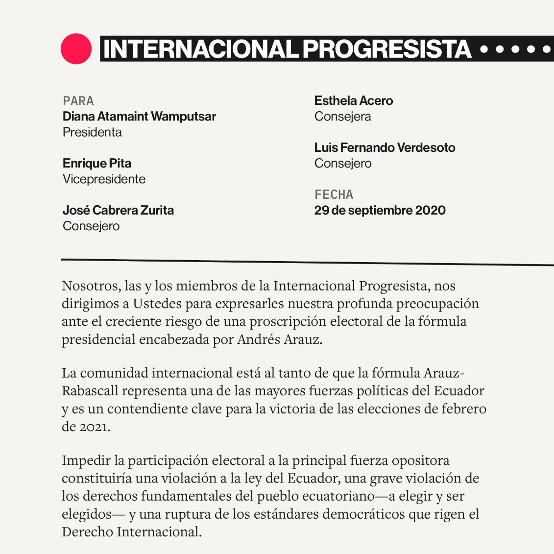 ecuainm_oficial's tweet photo. ▶️#ATENCIÓN Miembros del Consejo de IP -incluidos Noam Chomsky, @EliGAlcorta, @avilarenata, @AliciaCastroAR y @yanisvaroufakis advierten al Consejo Nacional Electoral de #Ecuador (@cnegobec) de las "graves consecuencias" de proscribir a @ecuarauz de las próximas elecciones https://t.co/fLok4eULjN