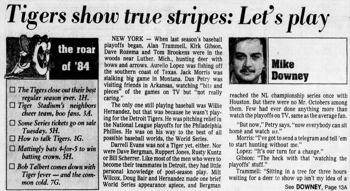 Tigers84Replay's tweet photo. Oct. 1, 1984: Off day. ALCS starts tomorrow in Kansas City. Jack Morris gets the start for the Tigers, Bud Black for the Royals #Relive84 https://t.co/dTvoZiMx5T