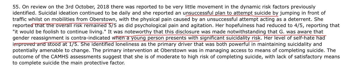 Interesting that whilst suicidal it’s is a prominent feature of this “debate” it is noted here that gender reassignment is off the table if a person manifests suicidal behaviours.