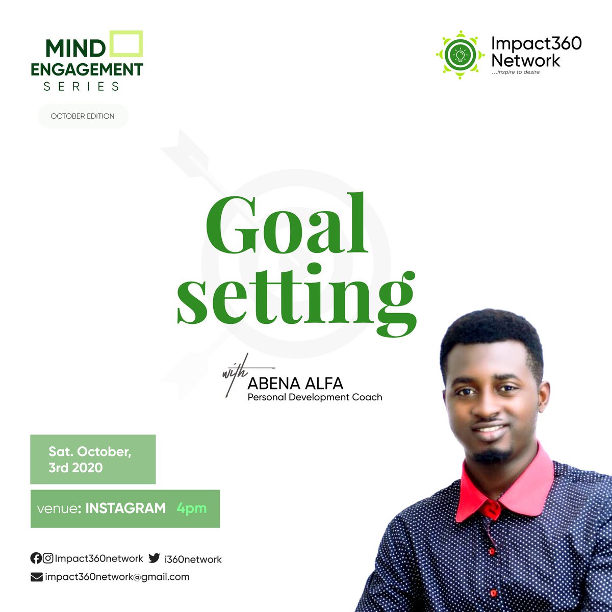 i360network's tweet photo. "The trouble with not having a goal is that you can spend your life running up and down the field and never score.” —Bill Copeland

Needs to now more about goal settings?Then don't miss out in October's edition of Mind Engagement Series (MES) as it promises to be practicable. https://t.co/C0c8J4hrwD