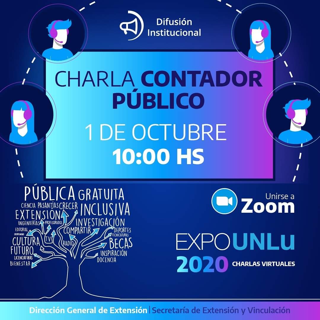 📌​Comienza Expo UNLu 2020, virtual
➡️Link de inscripción: 
bit.ly/33GXVjA
🗓 1 octubre Charla de Contador Público 
Del 1 al 16 de octubre se realizará "EXPO UNLu". 
Expo UNLu 2020 en vivo por facebook (@UNLu.AR). 
ℹ Más información:
prensa.unlu.edu.ar/?q=node/6730