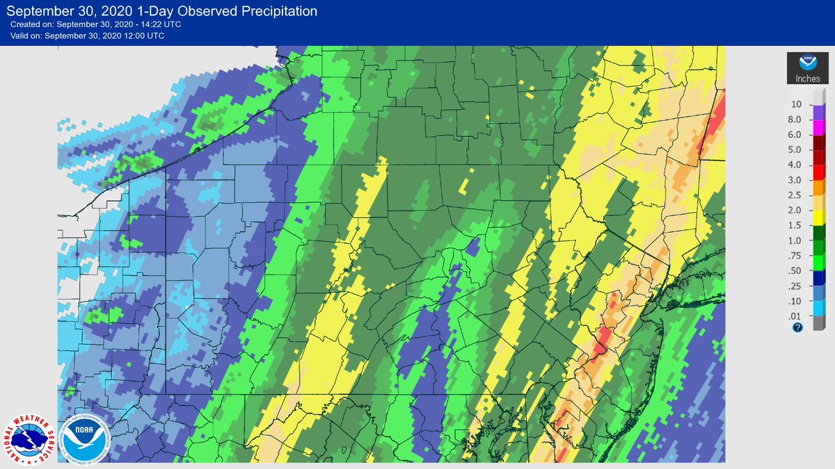 WeatherWorldPSU's tweet photo. Much of the Commonwealth picked up 1"+ of rain yesterday with some of the heaviest totals observed in central PA & the Delaware Valley. Yesterday's 1.54" in State College was the 3rd wettest day of 2020. #septembershowers #pawx https://t.co/nCOHhloqiU