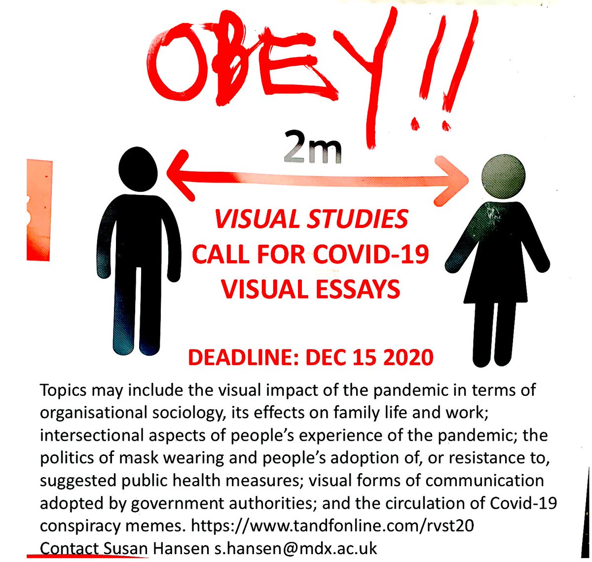 VisualScholars's tweet photo. #CFP #Visualessays #COVID-19 
Deadline, dec.15 2020

Looking for primarily visual scholarship, which combines image &amp; text in a coherent
form. All essays are peer reviewed. 

More info: @SuseHansen
https://t.co/DcnoRbJH6x

@MarikoCurates @christwag @PaulTHalliday @Gill_Golding https://t.co/U4jFLVds9S