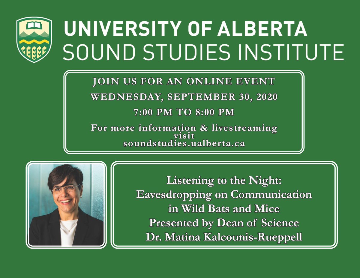 Tonite - Come hear this great talk by UofA, Dean of Science Matina Kalcounis-Rueppell on the hidden sounds of wild bats and mice, and how they communicate!
Time: 7:00pm - 8:00pm
Join Zoom: ualberta-ca.zoom.us/j/92750243936?…
Live stream on the Sound Studies website: soundstudies.ualberta.ca/livestream/