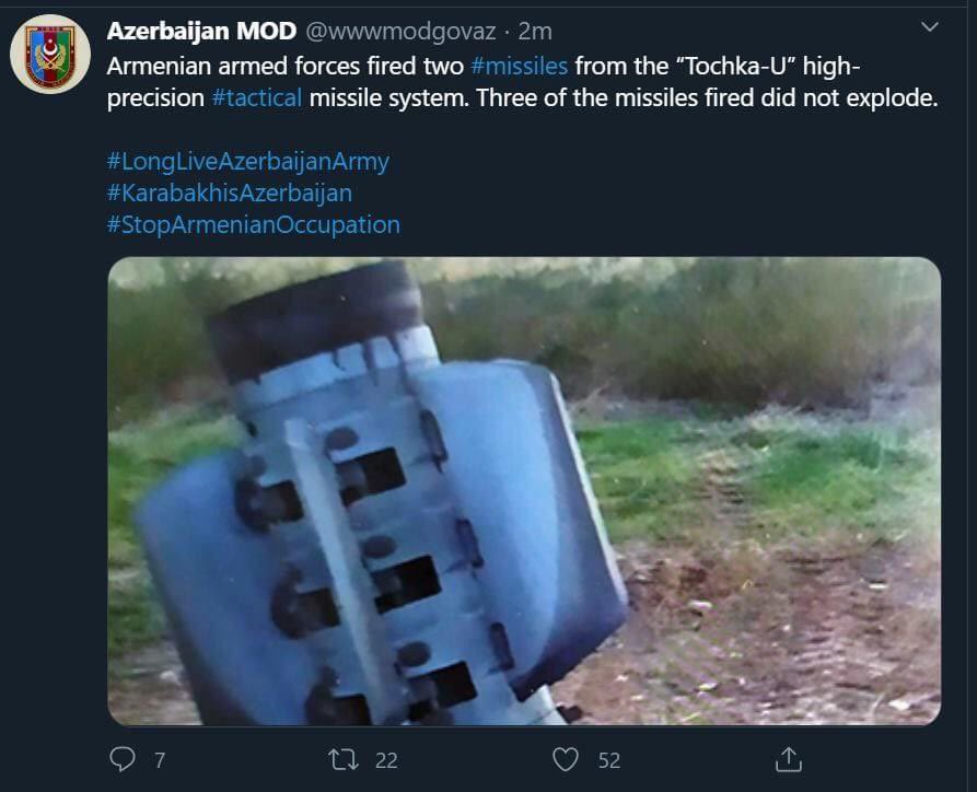 MuradGazdiev's tweet photo. The Azerbaijani military has posted, then deleted, a number of fakes today.
 
A photo showing a guided anti-tank missile hitting a truck, which turned out to be from a Afghanistan

A photo of an “Armenian Tochka-U ballistic missile”, which turned out to be a Smerch rocket https://t.co/IgmGbhHQrc