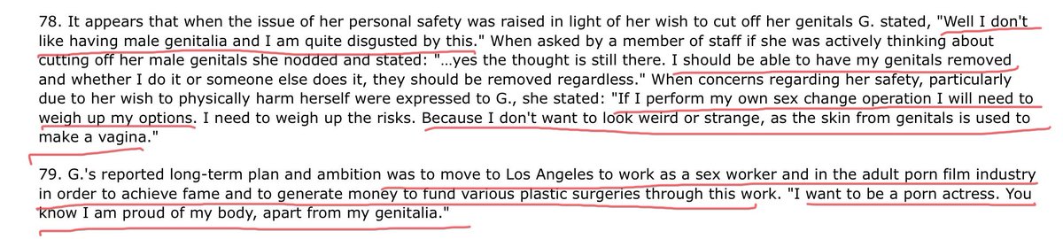 G does wish to cut off their own genitalia but doesn’t want to compromise the construction of a “vagina”. Also wishes to move to L.A and become a sex worker / porn star to fund their surgeries. Also is proud of their body, just not the male parts.
