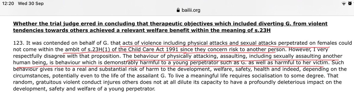 The argument made here is to emphasise the harms to G if they perpetrate violence and sexual assault against others. (women). A jarring framing but, i assume necessary to justify the special care order is in Gs best interests.