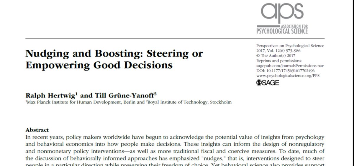 Paper 6 of the #PaperADayChallenge: Hertwig &amp; Grüne-Yanoff argue that #nudging and #boosting represent different causal pathways to behavior change, but both should belong to the tool box of the #policy makers. tinyurl.com/y5fvzhzw